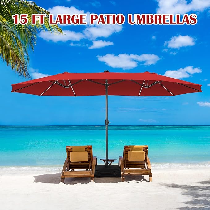 Sundale Outdoor Solar 15 ft 144 LED Olefin 5-Year-Non-Fading Patio Umbrella with Sandbag Base Included and Cover, Outdoor Double-Sided Umbrella with Lights