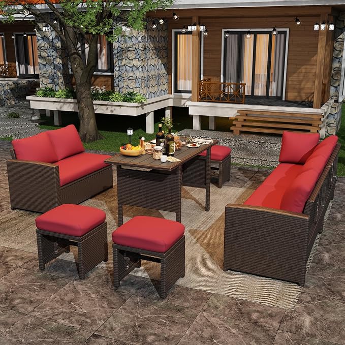U-MAX 7 Pieces Patio Furniture Set with Waterproof Cover, Outdoor Sectional Sofa Conversation Set, All Weather Wicker Rattan Dining Table & Chair with Ottoman, Brown Rattan&Red Cushion