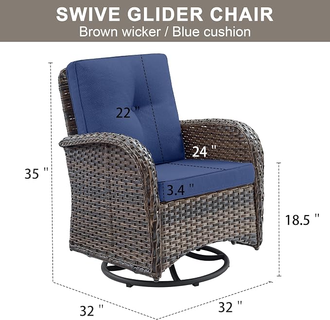 2 in 1 Porch Glider Swivel Chair - Wicker Patio Furniture Outdoor Swivel Rocker Chair with Thick Cushion, 300 Lb Weight Capacity Patio Swivel Glider Seating - Brown Wicker, Blue Cushion