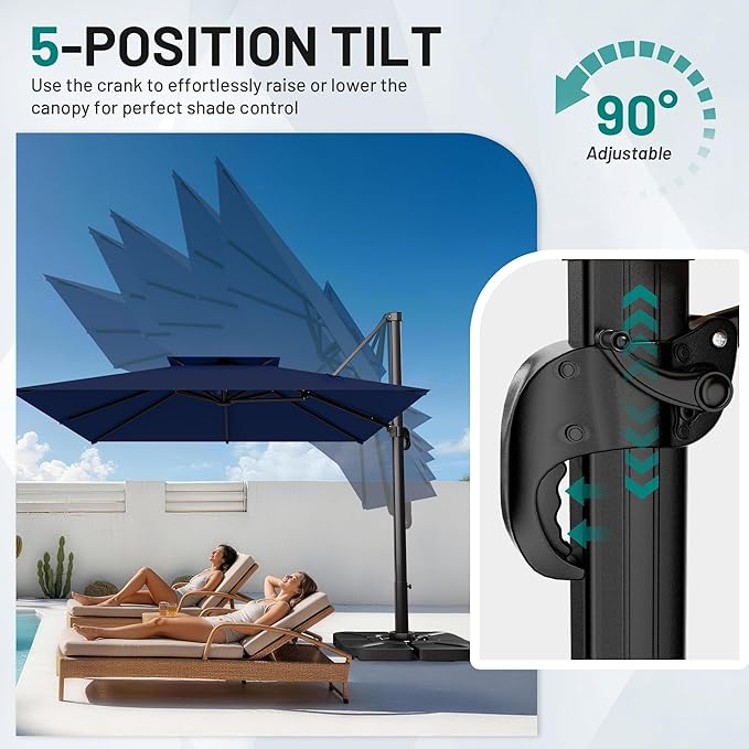 AreShark 11×11FT Double-Top Cantilever Patio Umbrella, Square Offset Umbrella with 360 Degree Rotation, Heavy Duty Patio Umbrella for Garden Deck Pool, 5 Tilt Angles, Navy