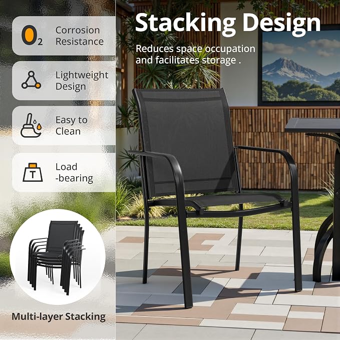 SUNCROWN 8 - Piece Outdoor Dining Set, Patio Furniture Set with 6 Textilene Dinning Chairs, 1 Rectangle Metal Table and 1 Brown 9Ft Patio Umbrella for Lawn Garden Backyard Deck, Black
