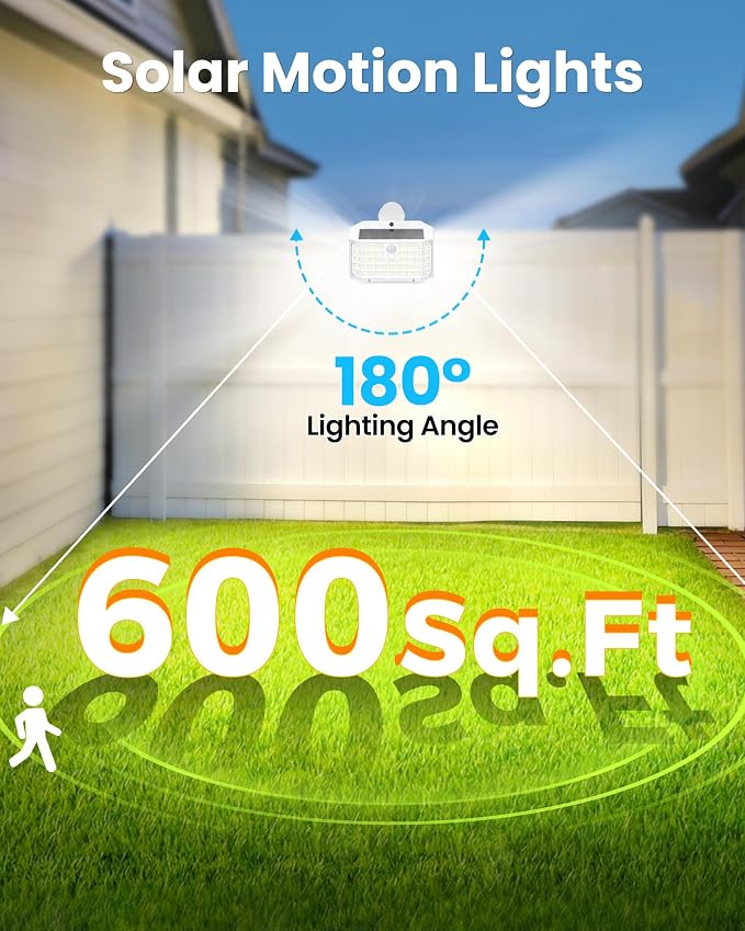 176LED Clip on Solar Lights Outdoor, 600LM Solar Motion Lights Outdoor with 180° Wide Angle, IP65 Waterproof Portable Solar Fence Lights Outdoor for Fence, Gutter, Garden, Camping, Patio White 2Pack