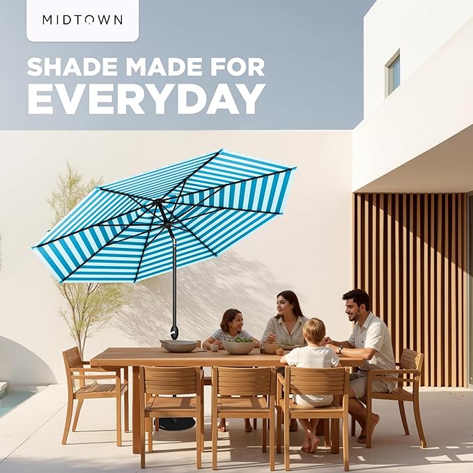 Midtown Umbrellas The Lean 9 Feet Outdoor Umbrella With Terylast Cobalt Stripes (Blue/White Stripes) Polyester Fabric - Auto-Tilt Aluminum Frame Patio Umbrella For Deck, Garden, Pool - Black Pole