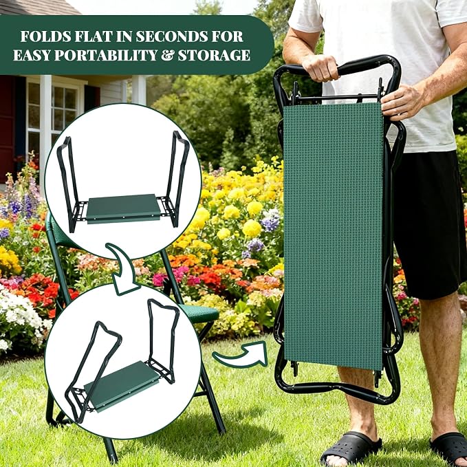 RAIN SPIRIT Garden Kneeler and Seat with Thicken & Widen Soft Kneeling Pad,Heavy Duty Gardening Bench Kneeler and seat Foldable Gardening Stool with 2 Tool Pouches，Gifts for Women, Seniors, Mom & Dad