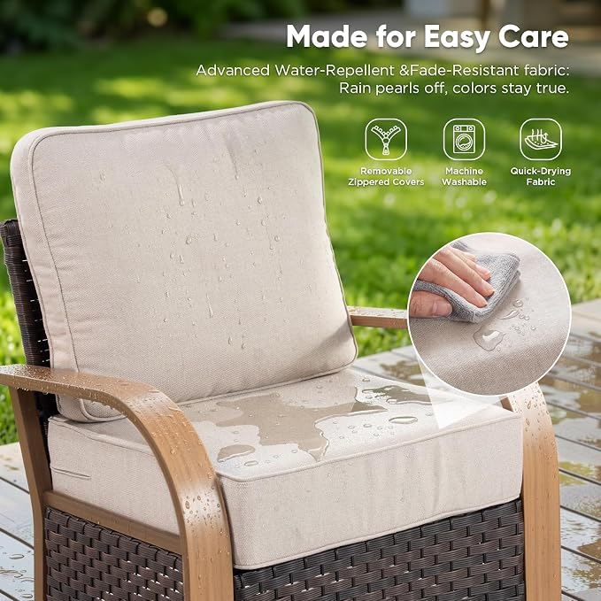 Belord 7 Piece Patio Furniture Set, All Weather Conversation Set with 6-Inch Thick Cushions,4 Wicker Swivel Rocker Chairs and 3 Seater Wicker Sofa for Deck Proch Pool Garden Backyard, Wood & Beige