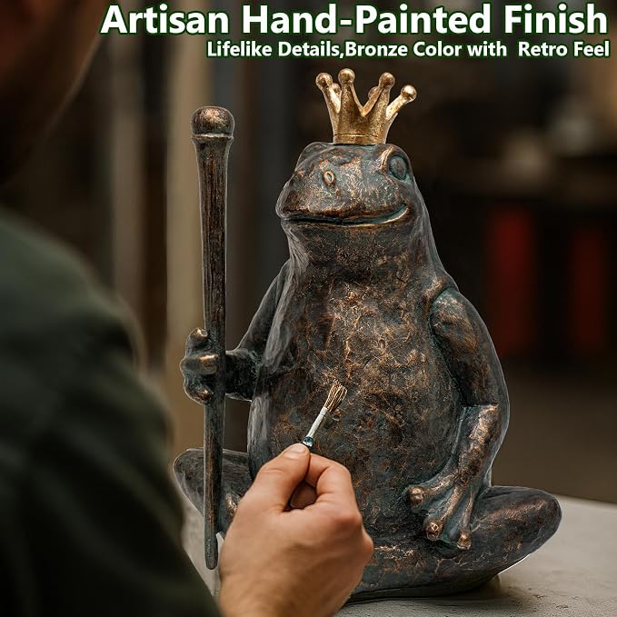 Frog Garden Statue, Yard Decorations Outdoor Decor, Weather-Resistant Animal Figurines & Sculptures, Seated Prince Frog with Scepter for Patio & Lawn, 11.5" H×9.8" L