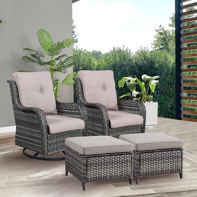 Rilyson Luxury 4 Pieces Patio Wicker Furniture Set, Outdoor Rattan Bistro Set with Rocking Swivel Chair, Ottoman and Thickened Cushions (Grey/Grey)