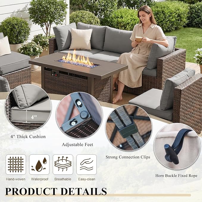 Patio Furniture Set 8 Pieces with 44" Fire Pit Table, Rattan Outdoor Sectional Conversation Sets, All Weather Outdoor Furniture Set with Cushions for Garden Lawn Balcony Porch Deck Grey