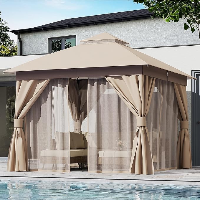 LAUSAINT HOME 10'x10' Outdoor Gazebo, Metal Frame Heavy Duty Patio Canopy Tent Shelter with Double Roofs, Mosquito Nettings and Privacy Screens for Backyard, Garden, Lawn, Khaki