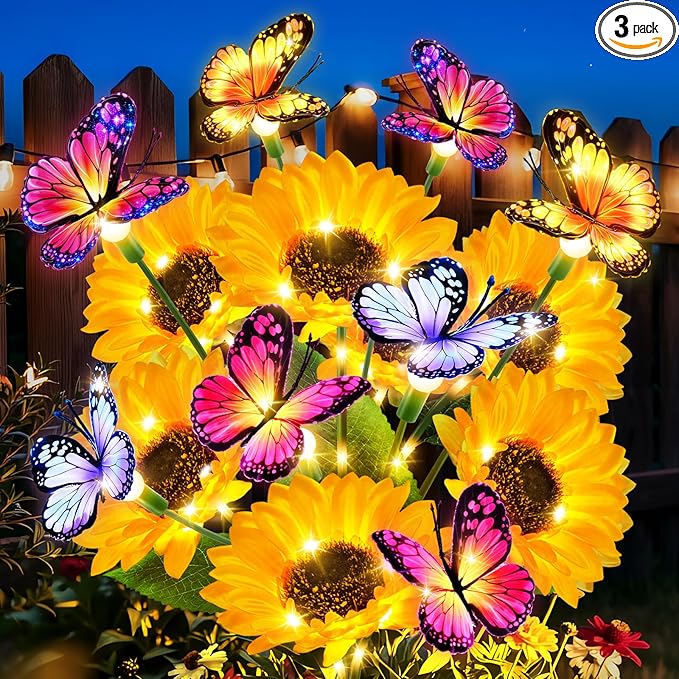 Solar Garden Lights Outdoor, 3 Pack Sunflower Solar Lights with Butterflies, Waterproof Solar Flower Lights For Yard Patio Garden Decor, Auto On/Off Solar Flowers Decorative, Gifts For Mom Women