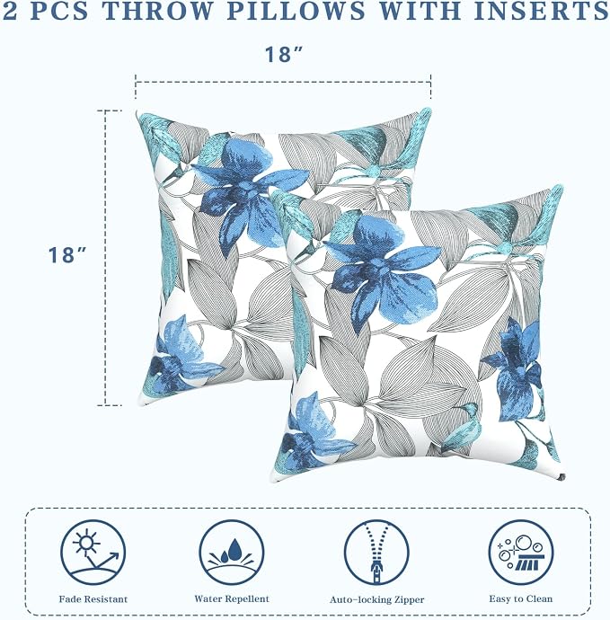 LVTXIII Outdoor/Indoor Throw Pillows, Decorative Throw Pillows with Inserts, 18”x18” Square Pillows for Bed, Couch, Sofa and Patio Furniture (Set of 2, Clemens Noir Blue)