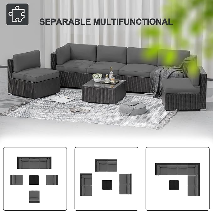 Betterland 7 Piece Outdoor Sectional Sofa Patio Furniture Set, All-Weather PE Rattan Wicker Patio Conversation Set with Washable Cushion, Glass Table and Waterproof Cover(Grey)