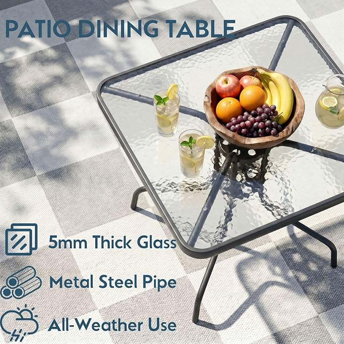 Arlopu 5 Piece Outdoor Patio Dining Set (Umbrella not Included), Porch Furniture with 4 Textline Chairs, 1 Square Glass Table for Garden, Backyard and Poolside, Lawn (Blue)