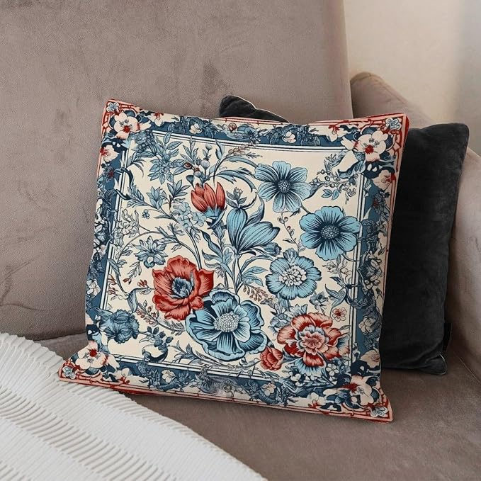 Chinoiserie Tree Peony Bird Pillow Cover Floral Coral Turquoise Navy Pillow Covers 24x24 INRetro Accent Modern Decorative Pillow Covers for Couch Sofa Patio