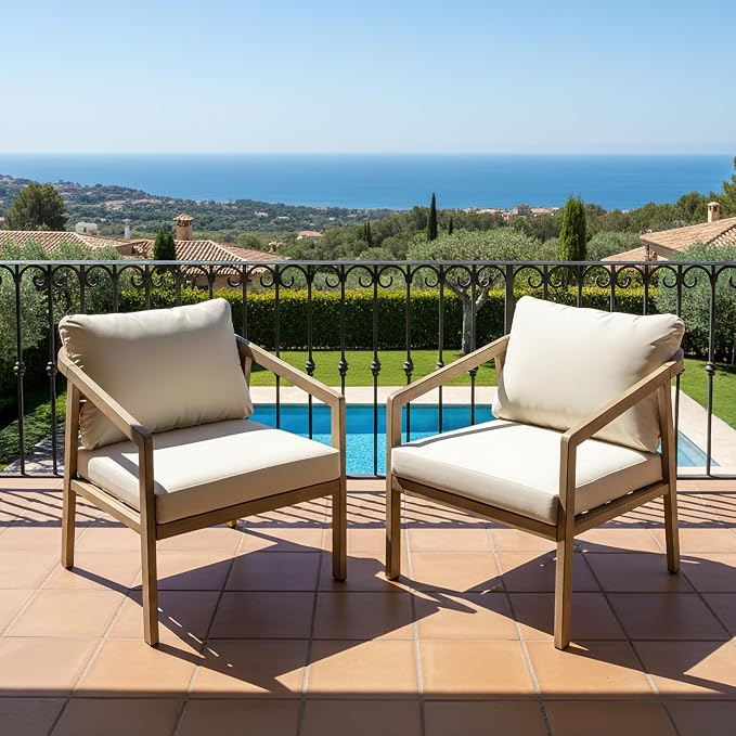 Patio Sofa Chairs Set of 2, Never-Rust Aluminum Outdoor Club Chairs with Washable Thick Cushions, All-Weather Modern Armchair Set for Porch, Deck, Garden, Backyard (Brown+Beige)