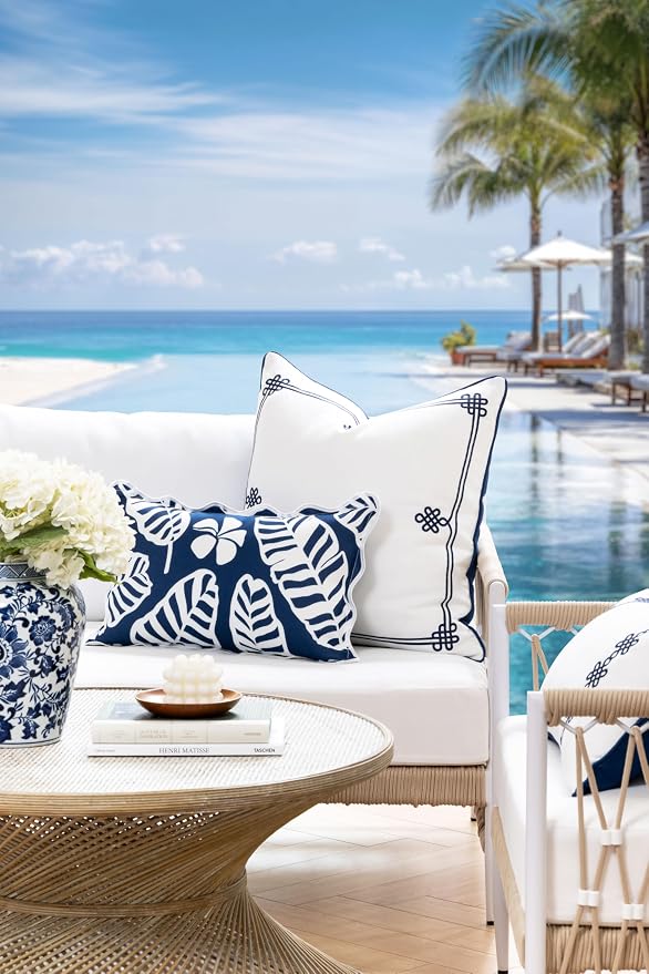 Hofdeco Premium Coastal Hampton Patio Indoor Outdoor Lumbar Pillow Cover Only, 12"x20" Water Repellent for Backyard, Couch, Poolside, Navy Blue Print Palm Leaves and Hisbucs Flowers