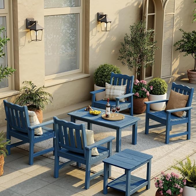 Stoog 3-Piece All-Weather Garden Chairs Set of 2 with Table, Patio Furniture Sets, Include 2 Garden Chairs and 1 Side Table, for Porch, Backyard, Lawn & Dining, Blue