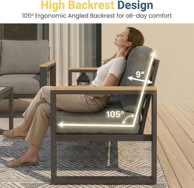 Aluminum Outdoor Patio Furniture Set with Height-adjustable Footrest for Lawn Porches Patio, 6 Piece All-weather Patio Sofa Sets with Coffee Table & Ottomans, Outdoor Patio Conversation set, Grey