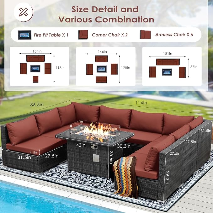 RADIATA 9 Piece Wicker Patio Furniture Set with Fire Pit, All-Weather Outdoor Sectional Couch High Back Large Size, Modular Backyard Seating Sofa Set with Propane/Natural Gas Firepit Table, Grey&Red