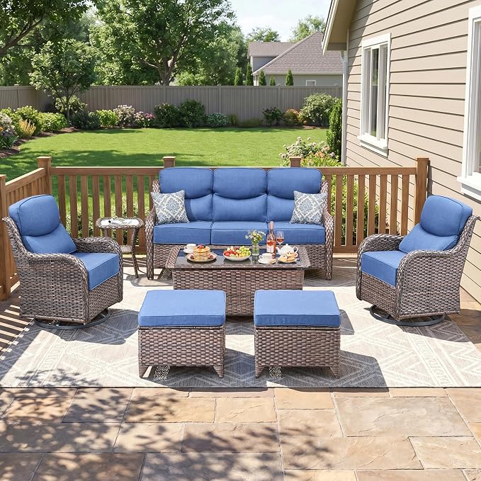 Luxury Patio Furniture Set 7pcs with 6-inch Cushion, Outdoor Furniture with Coffee Table, Swivel Chairs, Sofa, Side Table, Ottomans, Patio Set for Deck Yard and Poolside Brown Wicker | Blue Cushions