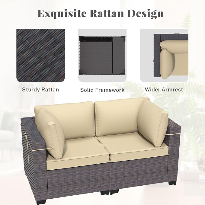 Patio Furniture Set with Aluminum Fire Pit Table 8 Pieces Outdoor Sectional Sofa Set,PE Rattan Wicker Patio Conversation Set w/43in 55000 BTU Propane Fire Pit Table,Sand