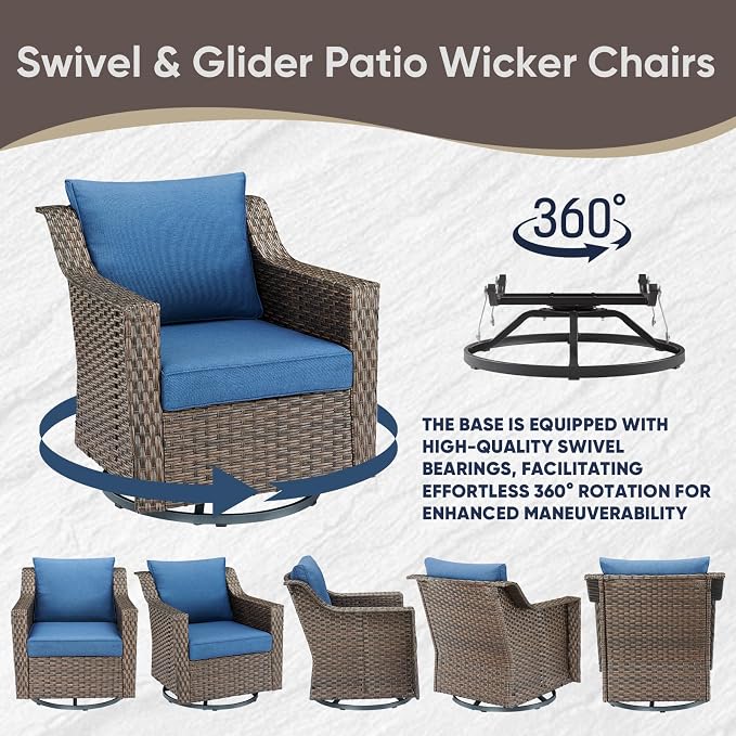 3-Piece Wicker Patio Furniture Set - All-Weather Wicker Swivel Patio Chairs with Side Table for Deck, Balcony, Poolside, Backyard - Brown/Blue
