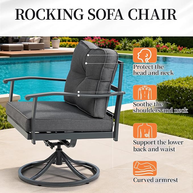Patio Swivel Rocker Chairs Set of 2, Outdoor Patio Conversation Sets with Rocking Armchairs, Swivel Rocker Chairs, Porch Dark Grey