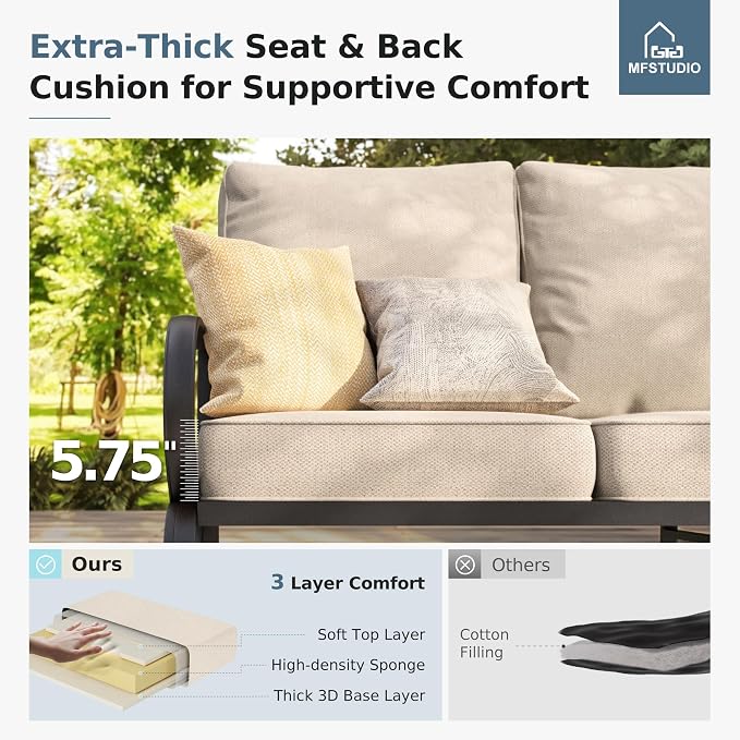 MFSTUDIO 5 Pieces Patio Conversation Sets,Outdoor Metal Furniture Sofas with 1 x 3-Seat Sofa, 2 x Swivel Chairs,2 x Ottoman,Wrought Iron Frame with Beige Cushion for Patio Courtyard Balcony