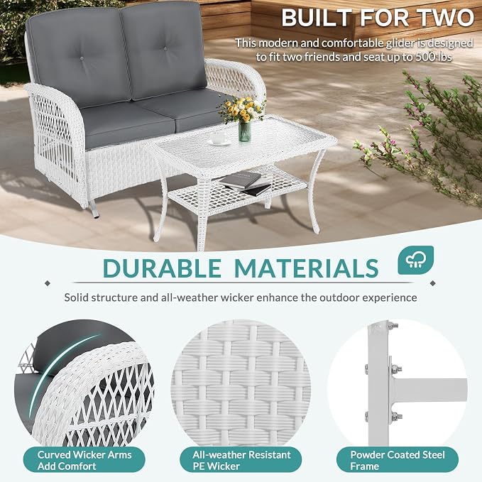 MEETWARM 4 Pieces Outdoor Wicker Patio Conversation Sets with Glider Loveseat, 2 Chairs with Coffee Table Wicker Rocking Glider Set, Rattan Conversation Set with Thickened Cushions, White/Grey