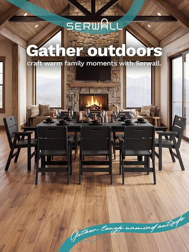 SERWALL 76" Outdoor Dining Set for 8, All Weather Dining Furniture, Black | Include 1 HDPE Dining Table with 8 Chairs & 1 Umbrella (Base Excluded), Heavy Duty Outdoor Furniture for Backyard Garden