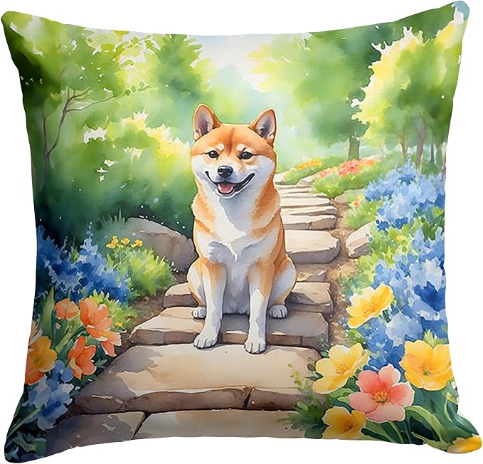 Caroline's Treasures Shiba Inu Spring Path Throw Pillow Machine Washable, Indoor Outdoor Decorative Pillow for Couch, Bed or Patio, 18Hx18W