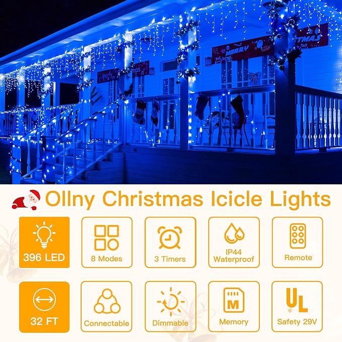 Ollny Icicle Lights for Outside 400LED 32FT, Blue Christmas Light with Remote 8Modes Timers Waterproof, Plug in Connectable Hanging Lights for Outdoor Indoor House Roof Holiday