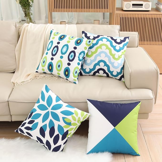 Decorative Green Blue Abstract Throw Pillow Covers 18 x 18 Inch Set of 4, Geometric Cotton Linen Outdoor Cushion Cover Square Pillowcase for Car Sofa Couch Home Decor