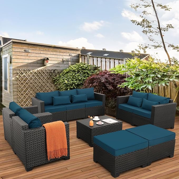 Rattaner Patio Furniture Set 7 Pieces Couch Outdoor Chairs Coffee Table Peacock Blue Anti-Slip Cushions and Waterproof Covers