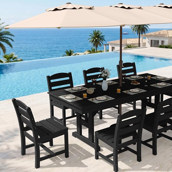KINGYES 8-Seat Outdoor Patio Dining Set,84 inch HDPE Rectangular Table and Chairs Set，Waterproof Furniture Set with Umbrella Hole for Backyard,Black