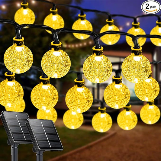 LORRYTE Globe Solar String Lights Outdoor 2 Pack 72FT 120 LED Patio Lights | Warm White Crystal Globe, IP65 Waterproof, Auto On/Off, 8 Modes Solar Powered Light for Garden Yard Wedding Porch Party