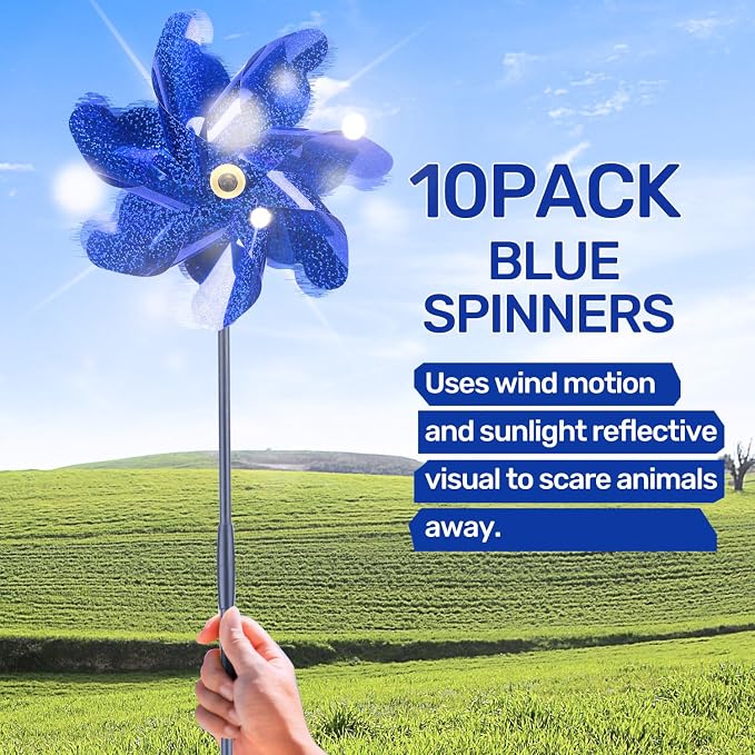 BATTIFE Preassembled Reflective Pinwheels for Yard & Garden, Blue, 10 Pack | Sparkly Reflective Material Spinner, Spins Best in Steady Wind, Animal-Deterrent Results Vary by Placement and Conditions