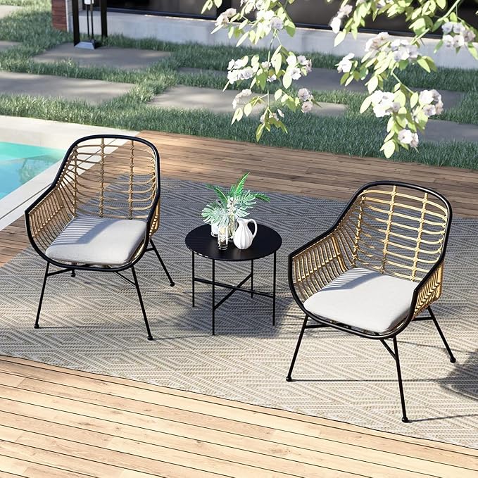 Grand patio Patio Furniture Set, Outdoor Wicker Patio Conversation Seating Chair with Cushions and Coffee Table, Boho Seating Chat Set for Indoor Outdoor, Balcony, Porch, Garden, Deck