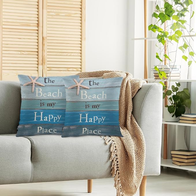 Swono Decorative Square Pillow Covers 18x18 Inch Beach, The Beach is My Happy Place Wooden Quote Polyester Pillow Case Set of 2, Soft Cushion Cover Pillowcases for Home Bedroom Couch Sofa Armchair