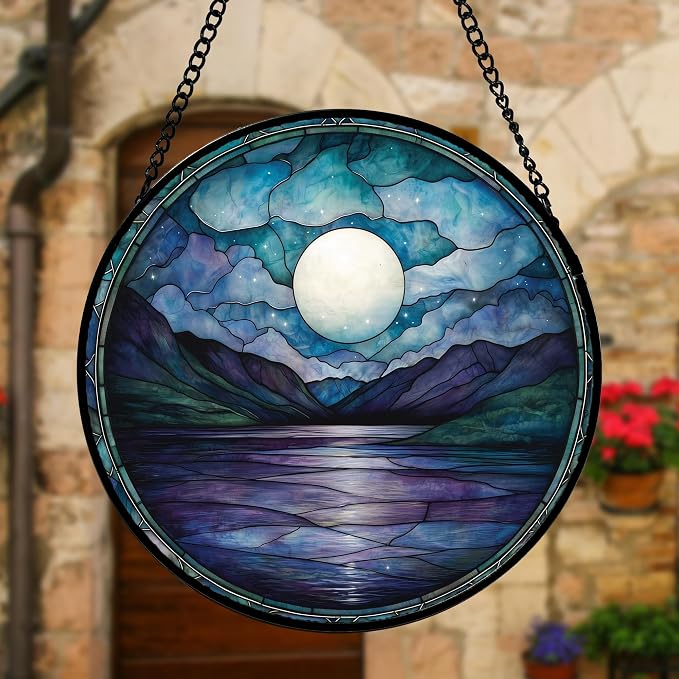 DASTOLL Stained Glass Window Hanging, Blue Night Moon Lake Sun Catchers Colorful Glass Panel Landscape Suncatcher Decor for Birthday for Women, Men, Wife, Aunt, and Mom 9.8 in