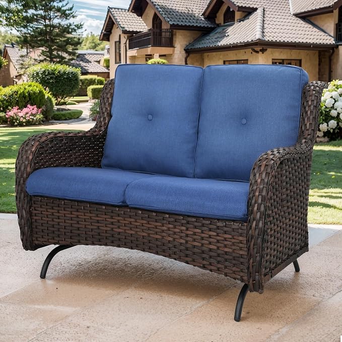 Patio Loveseat Wicker Loveseat Rattan Glider Sofa with Curved Armrest Thicking Back & Seat Cushions for Garden Balcony Backyard Brown Wicker|Blue Cushions (A) Patio Loveseat Glider