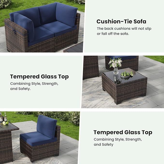 Soohow 7-Piece Patio Furniture Set, Outdoor Conversation Set, Thickened All-Weather Rattan Sectional Sofa with Tempered Glass Table for Garden, Porch, Backyard - Navy Cushions