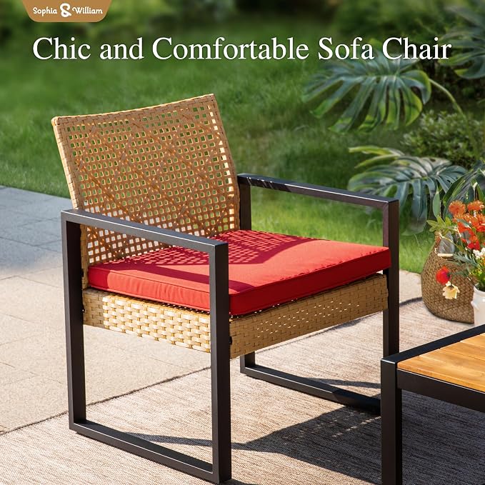 Sophia & William 4 Pieces Patio Conversation Set, Wicker Outdoor Furniture Set for 4, All Weather Outdoor Seating Set, Rattan Loveseat & Chairs with Cushions & Coffee Table, Yellow and Red
