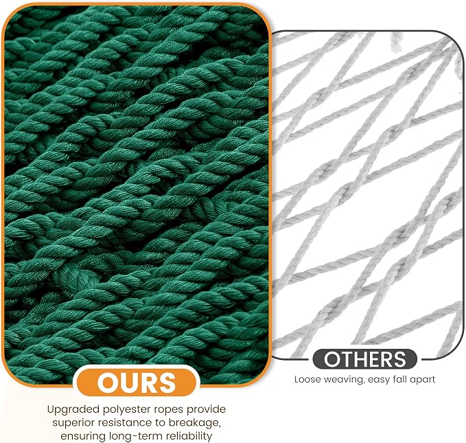 Lazy Daze Hammocks 13-FT Polyester Rope Hammock, Double 2 Person Traditional Hand Woven Outdoor Hammock with Spreader Bar, Carabiners, Tree Straps, Chains for Outside Patio- Max 450 Lbs, Green