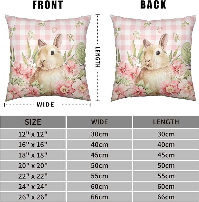 Easter Bunny Pillow Covers 20x20 Set of 2 Spring Floral Decorative Pillowcase Cute Rabbit Cotton Linen Cushion Case Pink Plaid Throw Pillow Covers for Sofa Patio Outdoor