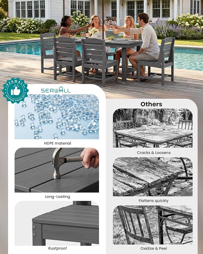 SERWALL 7-Pc HDPE Patio Dining Set, 1 Table & 6 Armless Chairs, Gray | HDPE Outdoor Dining Set with Rectangular Table & 6 Armless Chairs, All-Weather Resistant SERWALL Dining Set for 6