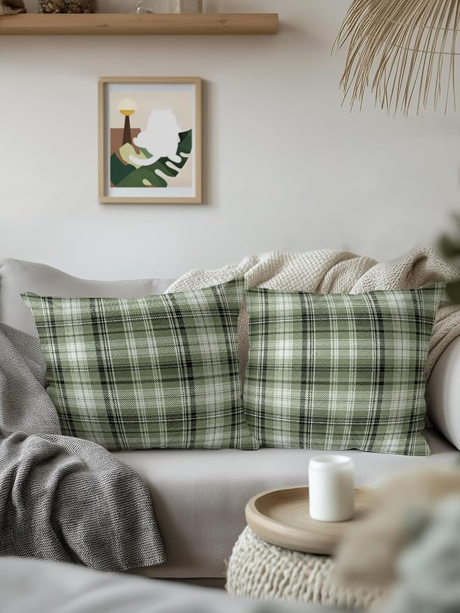 Waterproof Outdoor Pillow 1 Pack Green Checked Plaid Decorative Throw Pillows Cover & Insert 16x16 Inch Pillowcase Stripes Woven Grid Square Pillows for Couch Sofa Bed Patio Furniture Indoor Outdoor
