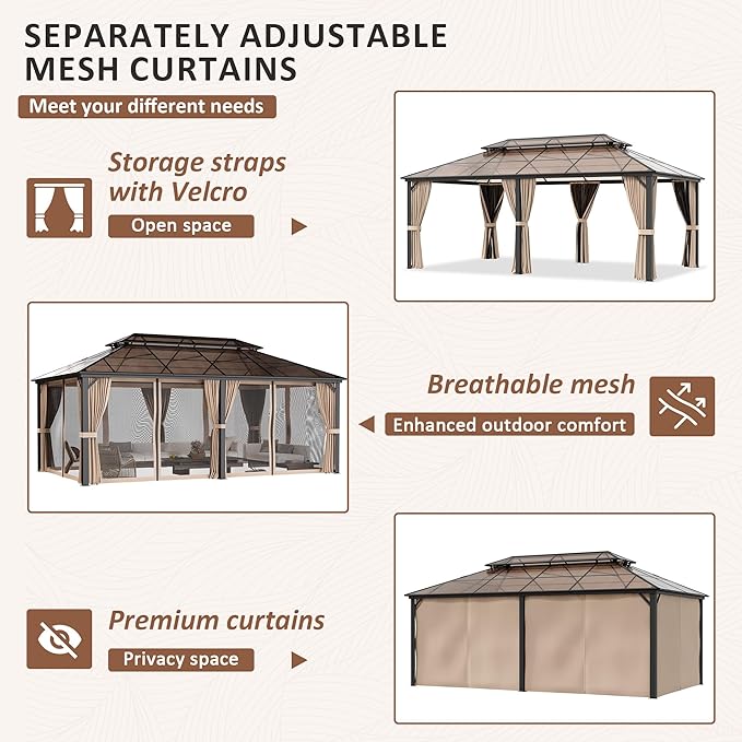 AirWire 12'x20' Hardtop Gazebo, Outdoor Polycarbonate Roof Canopy, Aluminum Frame Permanent Pavilion with Curtains and Netting, Sunshade for Garden, Patio, Lawns