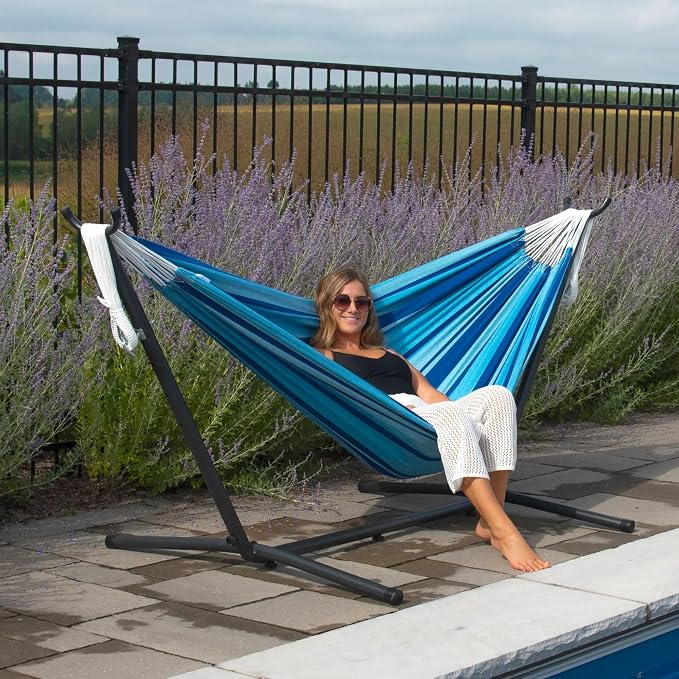 Vivere Double Cotton Hammock with Space Saving Steel Stand, Upgraded Polyester End Strings 450 lb Capacity - Premium Carry Bag Included - USA Grown Cotton (Island Breeze)