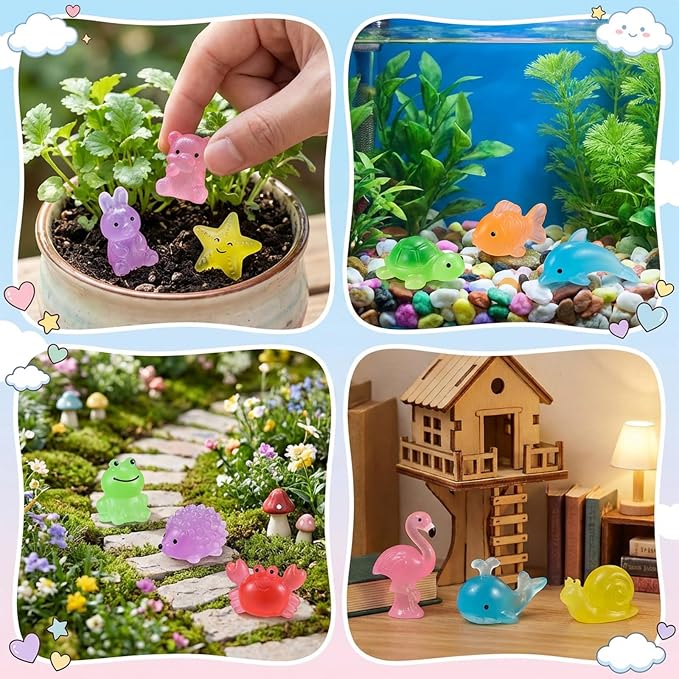 100 Pcs Mini Resin Animals Blind Bags, Glow in The Dark & Glitter Mystery Animals, Individually Wrapped Tiny Luminous Miniatures for Fairy Garden, Micro Landscape, DIY Crafts